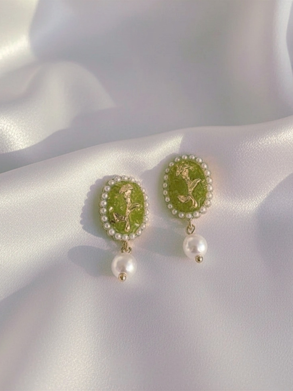 Earrings - Gold & Green‎ Iced Crystal Floral Pearl Drop 925 Silver Needle Women